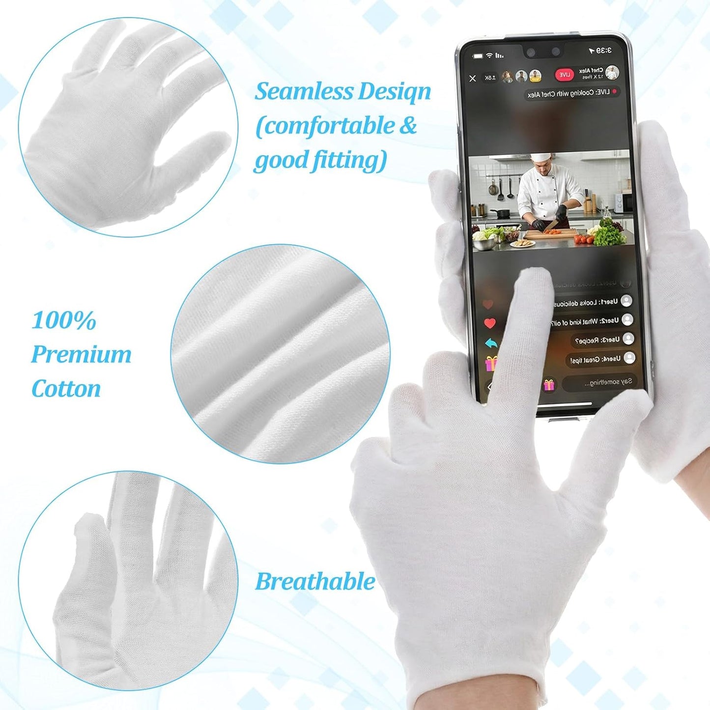 White Cotton Gloves for Dry Hands | Moisturizing Eczema Relief | 4 Pairs, Stretchy & Thin