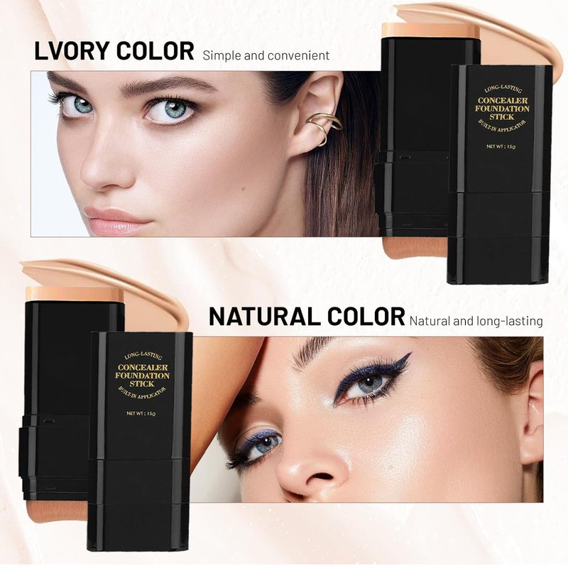 Foundation Stick,2 in 1 Dual-Ended Long-Lasting & Waterproof Concealer Korean Foundation Contour Sticks,Contouring Foundation with Brush,Full Coverage Matte Finish for Face Makeup(02NATURAL)