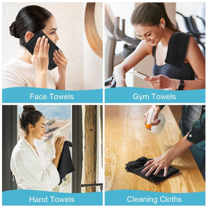 Orighty Microfiber Washcloths 20 Pack – Soft, Quick-Dry Face & Hand Towels for Travel, Gym, Spa, Hotel, 11.5"x11.5", Black