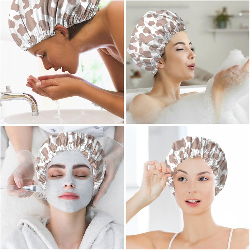 BHAHB 2 PCS Shower Cap Reusable Waterproof Double Layer Elastic Adjustable Hair Bath Caps Cute Aesthetic for Women Girls-Leopard