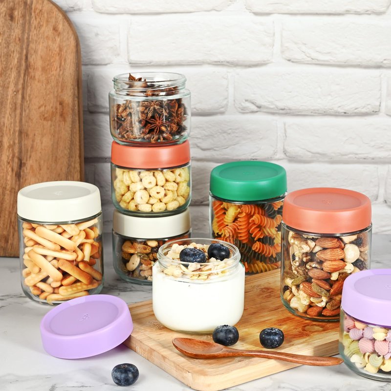 Hoa Kinh 9oz 12Pack Overnight Oats Jars with Lids, Leak Proof Small Jars for Overnight Oats, Cereal, Clear Empty Glass Jar with Lids for Kitchen(Red, Green, Purple and White)