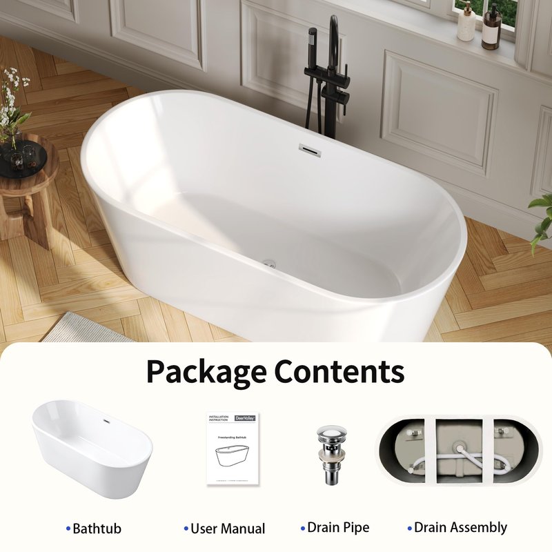 DeerValley 67" Acrylic Freestanding Bathtub, Deep Soaking Tub with Center Drain & Integrated Overflow, White Free Standing Tub, Stand alone Shower Tub with Ergonomic Design, DV-1T133S