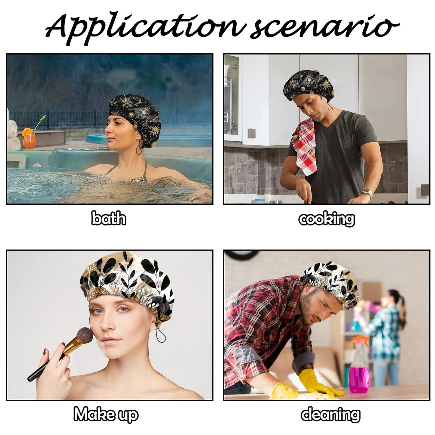 Skiennix Reusable Shower Cap - Waterproof Double Layer Design for Dry Hair | Aesthetic Sun & Moon Leaf Print - 2 Pack