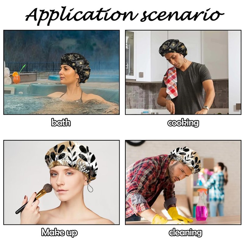 Skiennix Reusable Shower Cap - Waterproof Double Layer Design for Dry Hair | Aesthetic Sun & Moon Leaf Print - 2 Pack