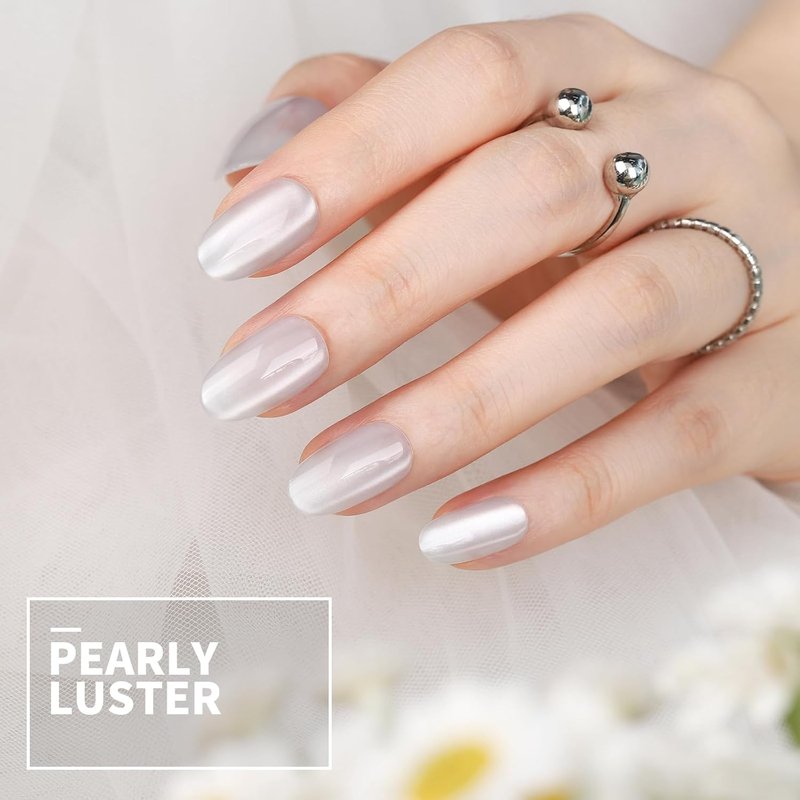 FANDAMEI Press On Nails - Short Almond & Oval Cat Eye Design | Glossy Nude Fake Nails Kit with Adhesive Tabs