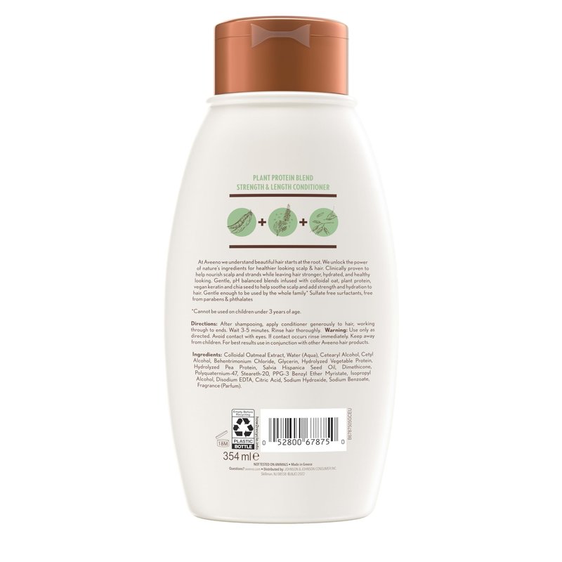 Aveeno Strength & Length Plant Protein Blend Conditioner, Vegan Formula for Strong Healthy Looking Hair, White, Unscented, 12 Fl Oz