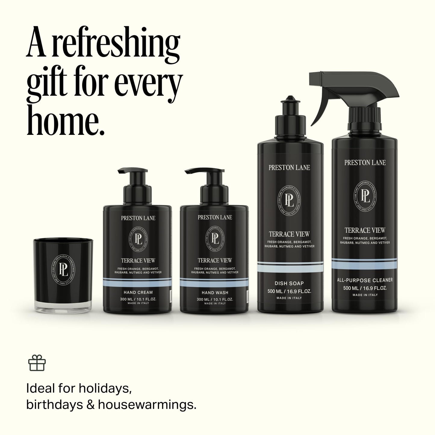 Preston Lane Signature Home Set – All Purpose Cleaner, Dish Soap, Hand Wash, Hand Cream & Scented Candle | Plant-Powered Cleaning & Care Essentials with Fine Italian Fragrance, Terrace View