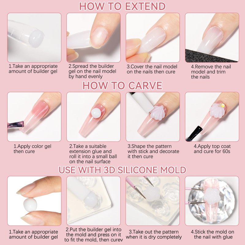 SUPWEE 3D Nail Art Gel Clear and White Solid Builder Gel for Nails Non-Stick Hand Sculpture Hard Gels with Dual Form for Carving Patterns Decoration Nail Art Home Manicure DIY