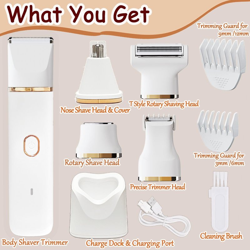 Bikini Trimmer for Women, 5-in-1 Electric Razors Shaver, IPX7 Waterproof Cordless Body Hair Trimmer, Rechargeable Facial & Pubic Hair Remover, Ceramic Blade Bikini Shaver, Gifts for Women (White)