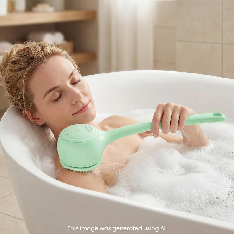 Electric Body Brush Back Scrubber for Shower,5 Replaceable Heads and Hook,Waterproof Long Dual Handle Power Body Scrubber 2 Speeds, for Cleansing Body, Exfoliating and Massaging Skin.