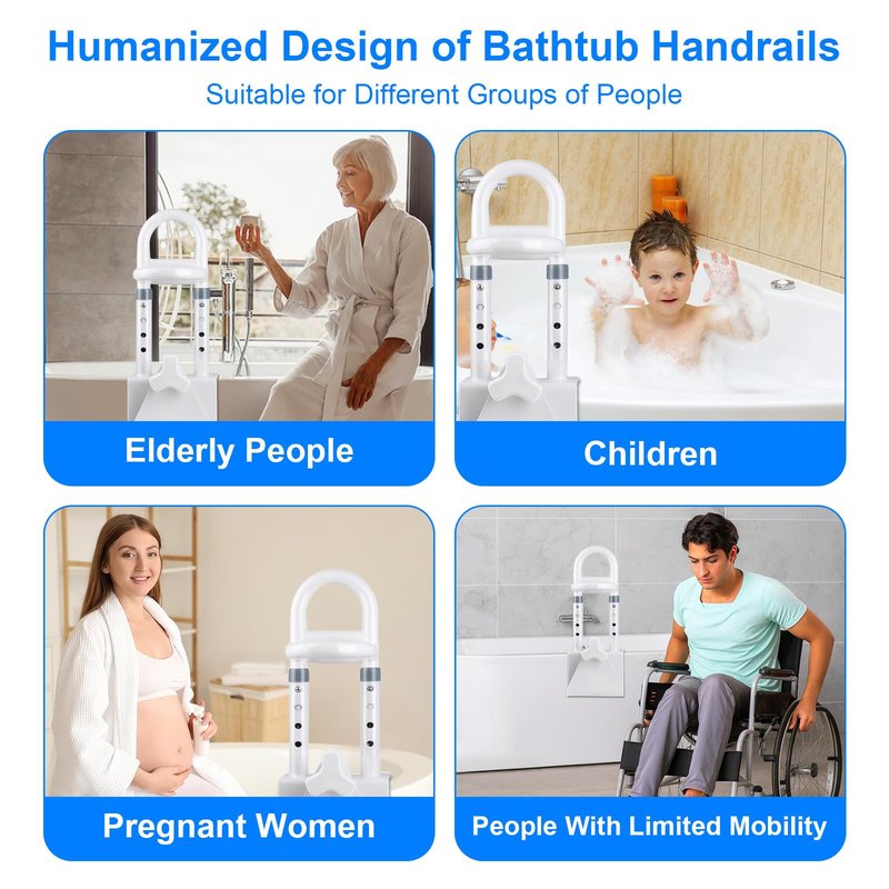 Adjustable Bathtub Safety Rail - Non-Slip Shower Grab Bar Handle, Bathtub Grab bar, Fits 3.15"-6.69" Walls, 300lbs Support, Sturdy Bathtub Safety Rail for Elderly & Disabled