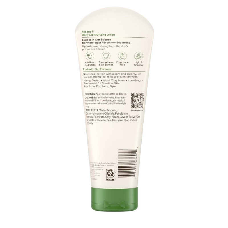 Aveeno Daily Moisturizing Body Lotion, Body Lotion for Dry Skin with Prebiotic Oat, Paraben Free, Fragrance Free, Non-Greasy, Non-Comedogenic Moisturizer, 8 FL OZ