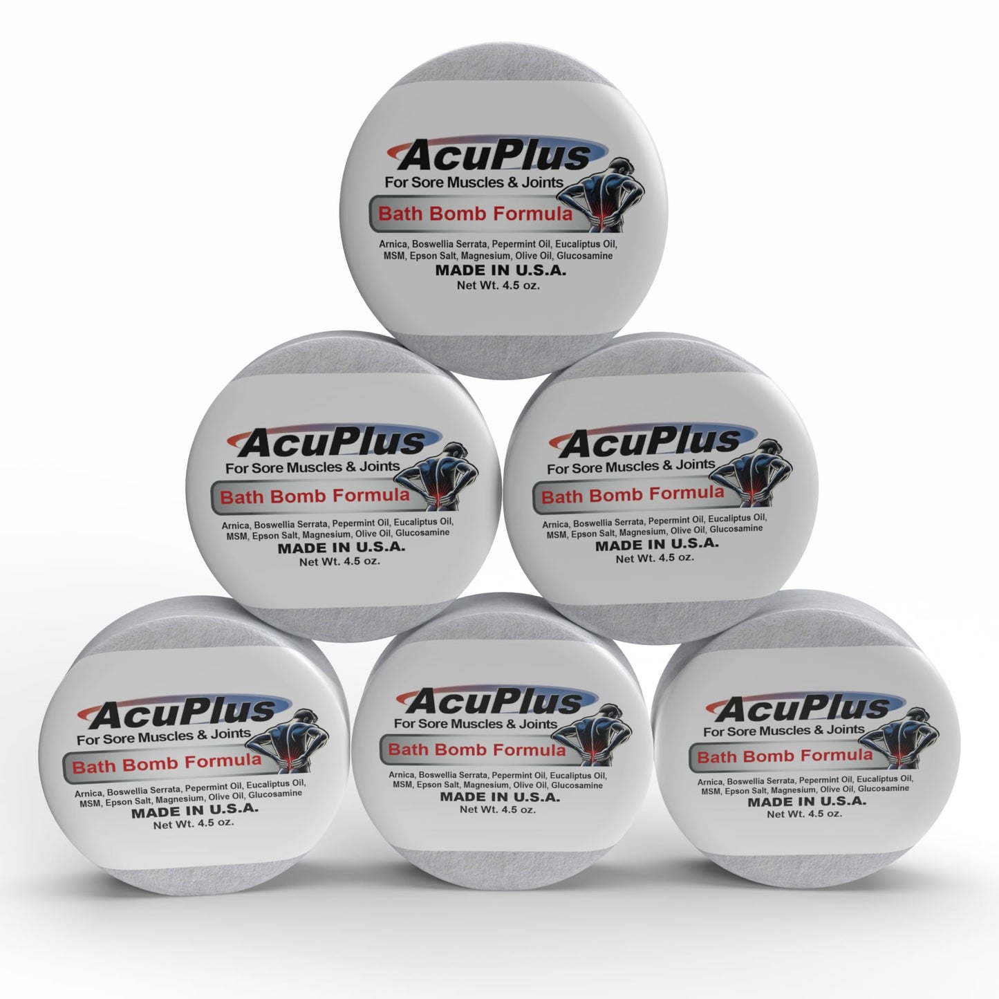 AcuPlus - Bath Bombs for Sore Muscles & Joints - Relaxing Bath Bombs for Women & Men with Arnica, Magnesium, Glucosamine, & Epsom Salt - 4.5 oz. Each, Pack of 6