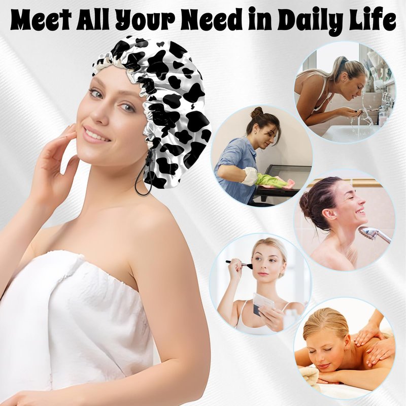 BHAHB Luxury Shower Cap Satin Lined Reusable Waterproof Double Layer Elastic Adjustable Hair Bath Cap Cute Aesthetic Women Girls-Cow Leopard