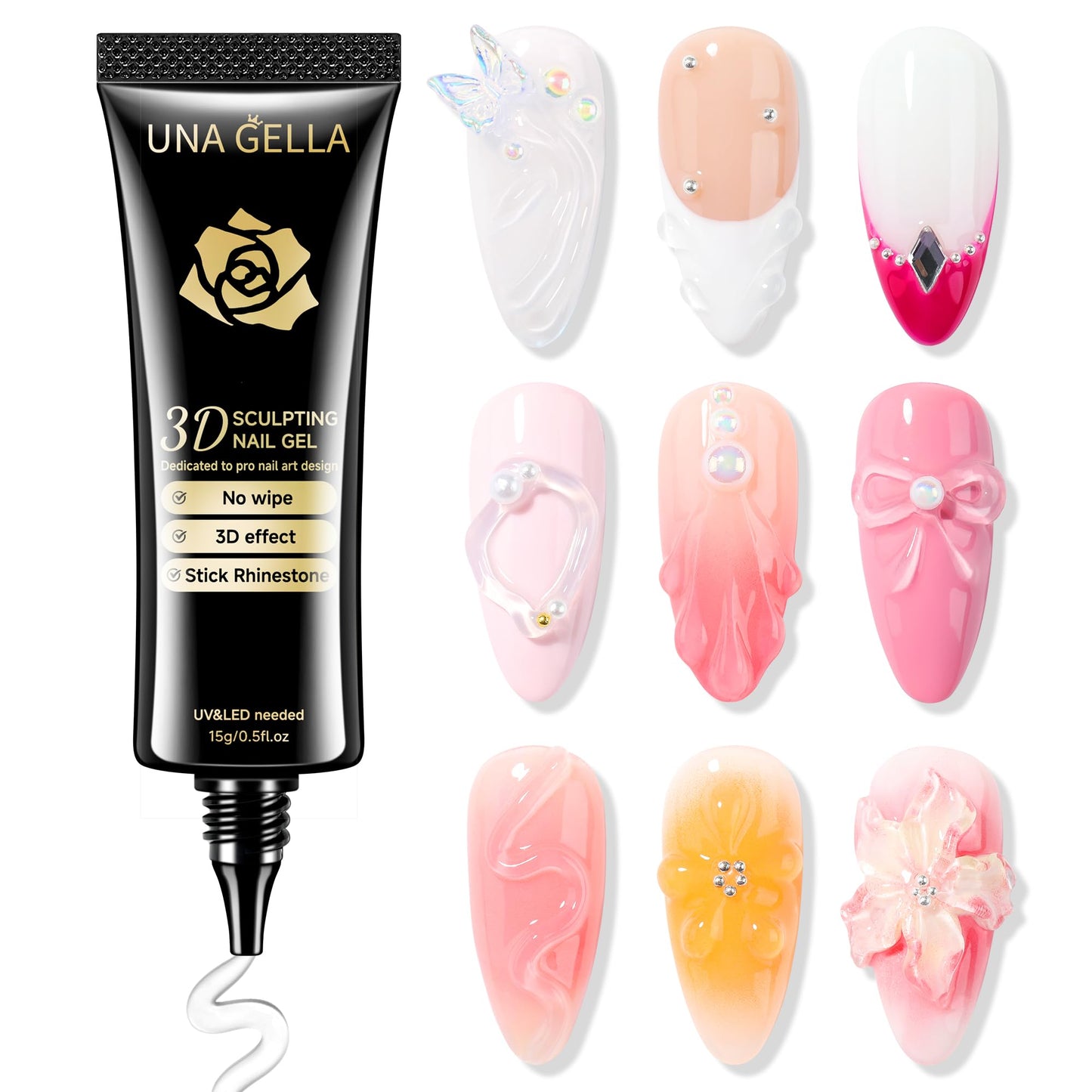 UNA GELLA 3D Gel Nail Art, 3D Nail Gel Sculpting G el Glue 15g 4 in 1 No Wipe Clear Nail Polish for Nails Tips, Chrome Powder, Nail Charms Gems, Drawing and DIY Nail Art Lamp Curing Needed