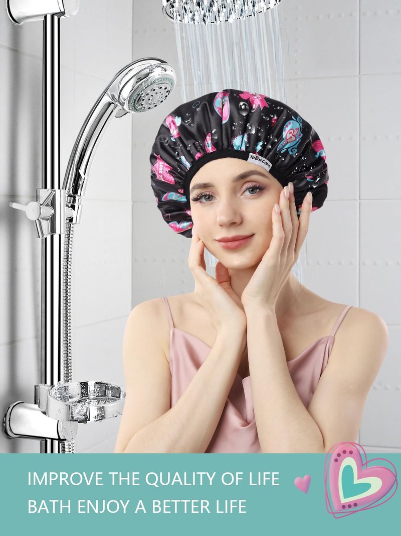 Years calm Terry Lined Shower Cap, Triple Layer Heart Motifs,Waterproof Reusable Elastic,Hair Shower Cap for Women,Terry Cloth Shower Caps for Spa,Clean,Trave (Black, One Size)