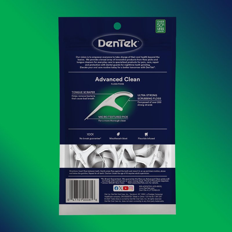 DenTek Advanced Clean Floss Picks with No Break & No Shred Dental Floss, Plaque Remover, 90 Count
