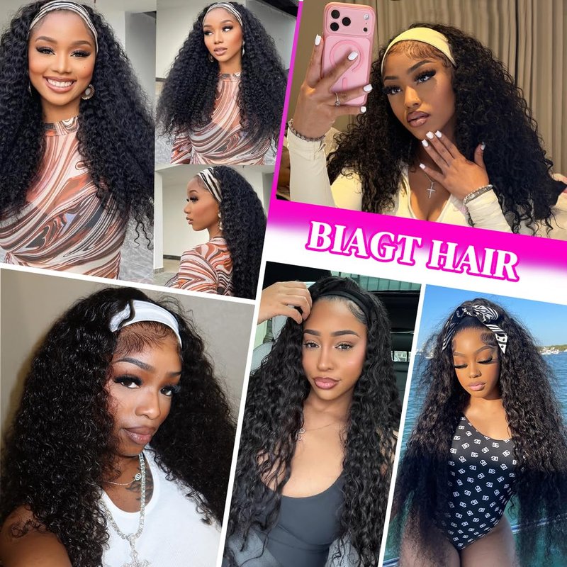 200 Density Deep Wave Headband Wig Human Hair 26 Inch Curly Half Wig Human Hair None Lace Front Wigs for Black Women Natural Color, 100% Human Hair, No Shedding