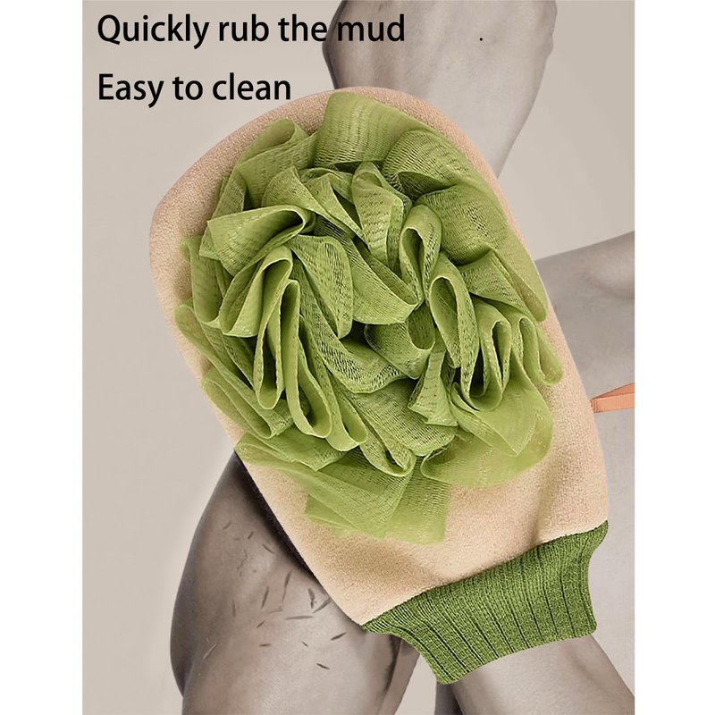 GOMKLNMO 2 Pack Shower Sponge Exfoliating Gloves, 2 in 1 Body Wash Gloves, Scrub Gloves with Shower Ball (Green)