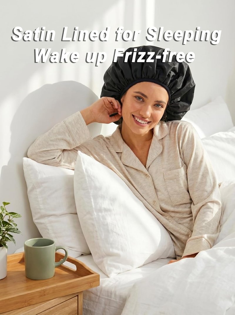 Auban Extra Large Shower Cap - Double-Layer Waterproof Bonnet for Thick, Long Hair | Black Satin Lining