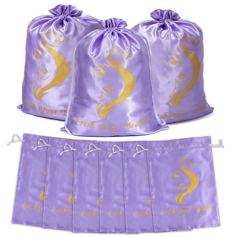 Satin Bags with Drawstring - Soft Pouches for Multiple Pieces, Bundles & Hair Extension Supplies - Home and Salon Use (6PCS Purple)