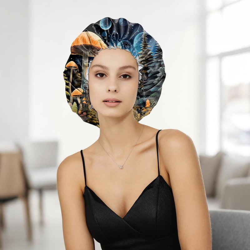 Zewurtuw Shower Cap Adjustable Waterproof Double Layer Elastic Reusable Hair Bath Cap Cute Aesthetic for Women Girls-Blue Mushroom