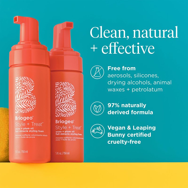 Briogeo Style + Treat Yuzu + Plum Oil Full Miracle Styling Foam for Volume | Heat Protection & Frizz Control | Silicone-Free | Vegan & Cruelty-Free | 5 fl oz
