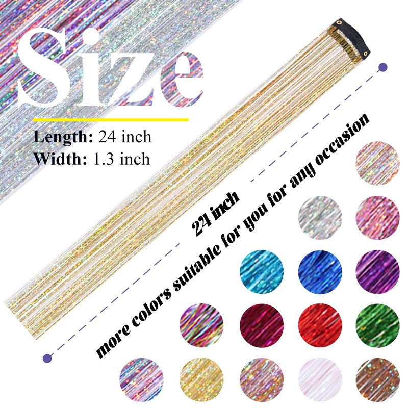 Hair Tinsel Clip in Gold Fairy Hair Tinsel Kit, 12 Pcs 24 Inch Glitter Clip in Hair Extensions for Girls Women Kids Christmas New Year Festival Party (Gold)