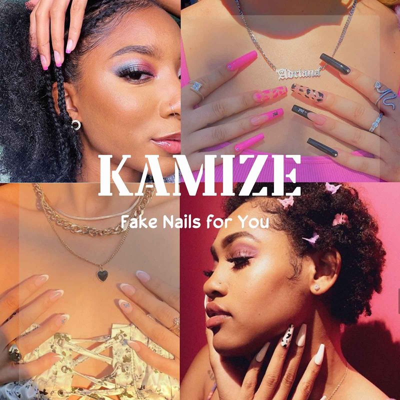 Kamize Almond Fake Nails Short Acrylic Press on Nails Full Cover Honey Peach False Gold Nails for Women and Girls 24PCS