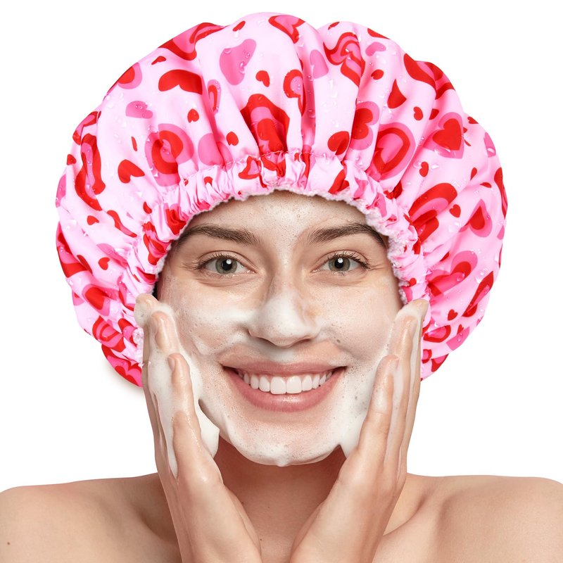Shower Cap for Women Terry Lined Bath Cap Large Reusable Waterproof Elastic Band Pink Love Shower Caps for Long Thick Hair Soft Bath Shower Hair Caps