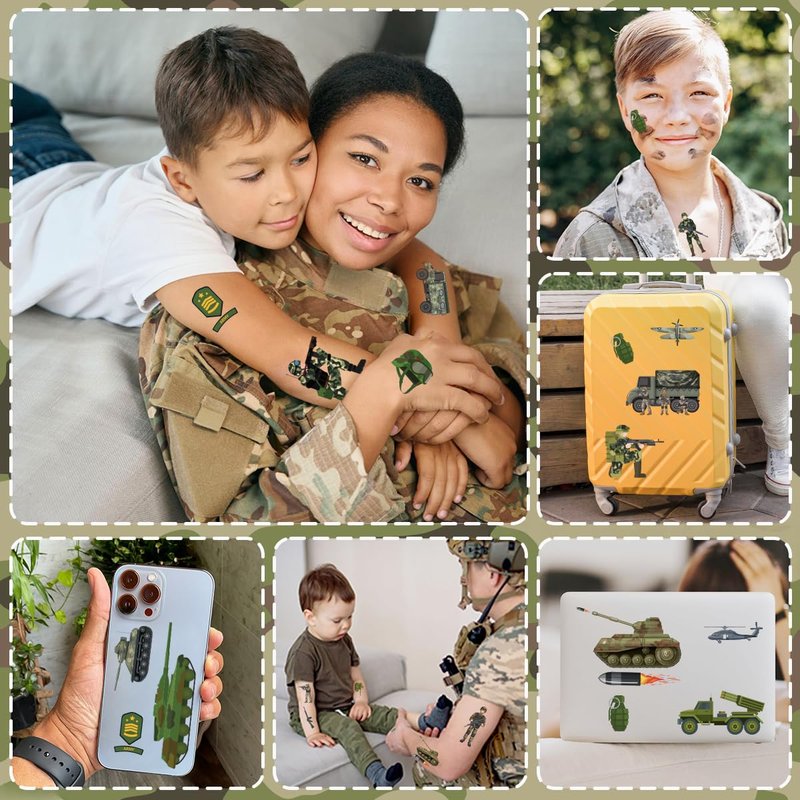 8 Sheets Army Birthday Decorations 200+ Army Temporary Tattoos Military Stickers Camo Theme Party Soldier Helicopter Tank Truck Temporary Tattoos Party Favors Supplies Prizes Rewards
