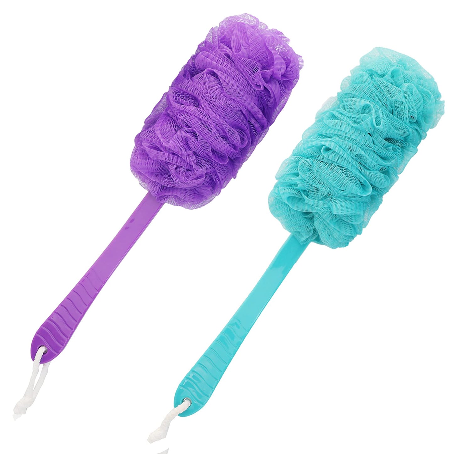 Back Scrubber Brush Long Handle for Shower, Loofah On a Stick Sponge Back Brush, Body Exfoliator Scrubber Bath Brush for Men Women, Exfoliating Cleaning Back Scrubber (2 Pack-Green+Purple)