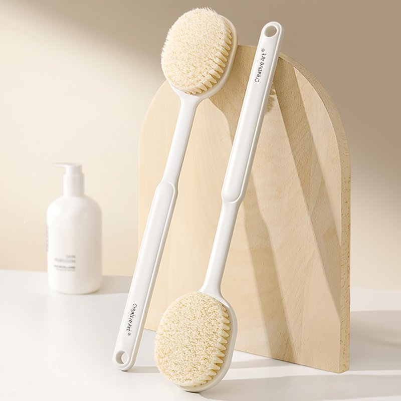 Back Scrubber for Shower for Women Men, Body Brush with Long Handle, Exfoliating Bath Washer with Soft Bristles, Body Exfoliator for Wet or Dry Brushing, Back Scrub Deep Cleaning, White