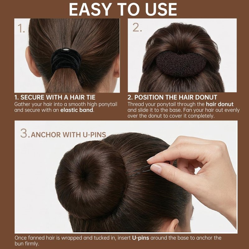 whisrvival 10 Hair Nets & 6 Hair Donut Bun Maker(2" Small & 3" Medium) - 41Pcs Sock Bun Kit Includes 12" Invisible Hairnets, 20 U Bobby Pins & 5 Hair Ties for Girl Woman Dance Ballet (Brown)