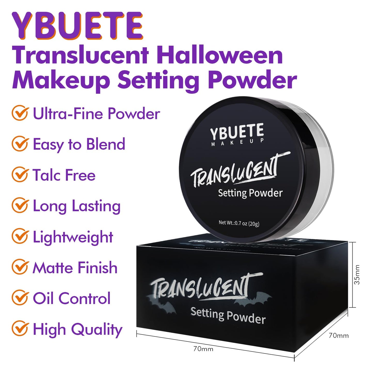 YBUETE Translucent Loose Face Powder, Long Lasting Matte Finishing White Face Paint Setting Powder, Oil Control Natural Talc-Free Setting Powder with Sifter for Halloween SFX Carnival Cosplay Makeup