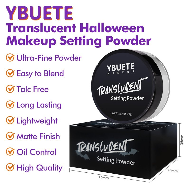 YBUETE Translucent Loose Face Powder, Long Lasting Matte Finishing White Face Paint Setting Powder, Oil Control Natural Talc-Free Setting Powder with Sifter for Halloween SFX Carnival Cosplay Makeup
