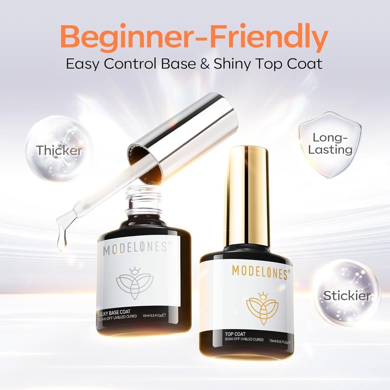 Gel Nail Polish Top & Base Coat Set - 15 ML Silky Base & Glossy Top Coat | No Wipe High Shine for DIY Manicure