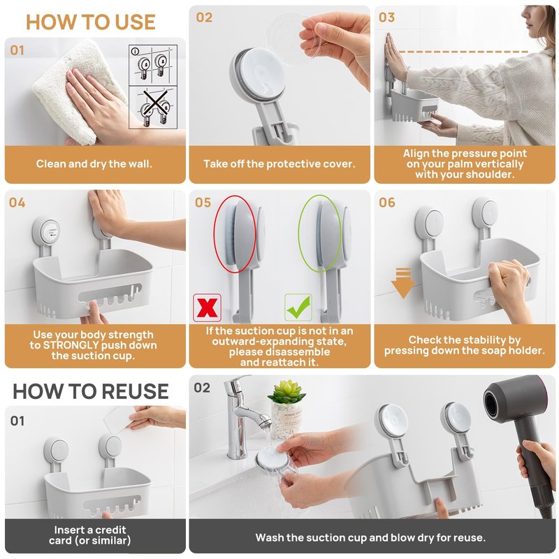 LEVERLOC Shower Caddy Suction Cup 2 Pack, Shower Organizer Removable Bathroom Shelf, Storage for Inside Shower Powerful Suction Max Hold 22lbs Waterproof Holder, Gray