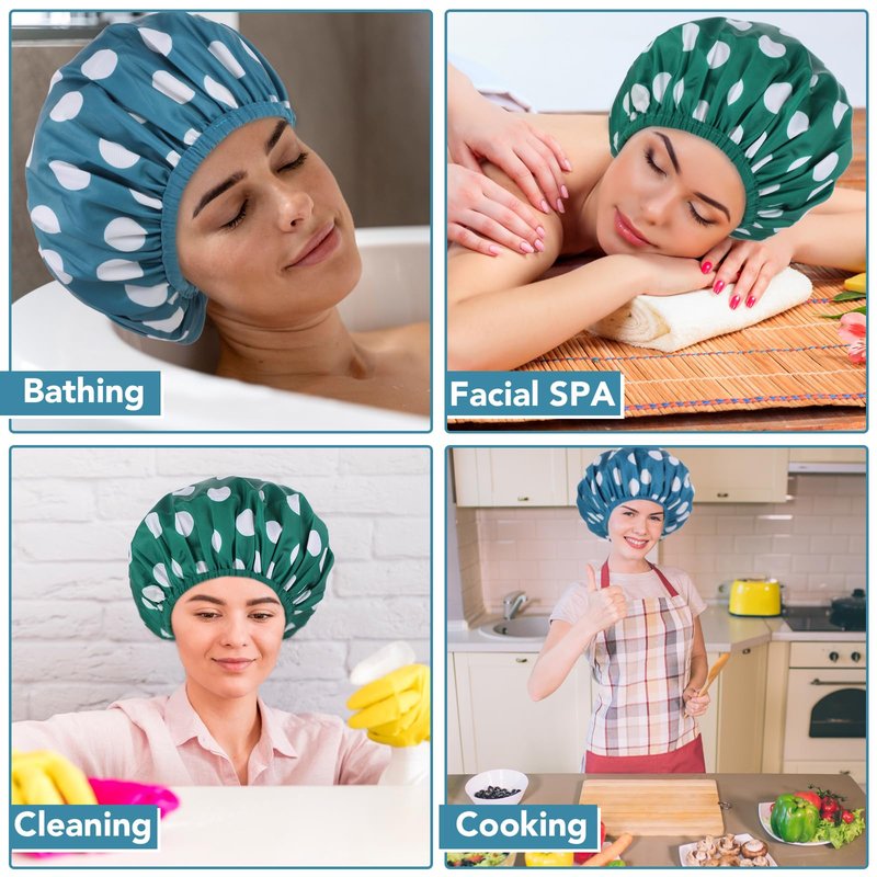WSICSE 2 Packs Large Shower Caps for Women, Reusable Waterproof Shower Cap Bath Caps with Hair Scrunchies for Long Thick Hair (Blue/Green)