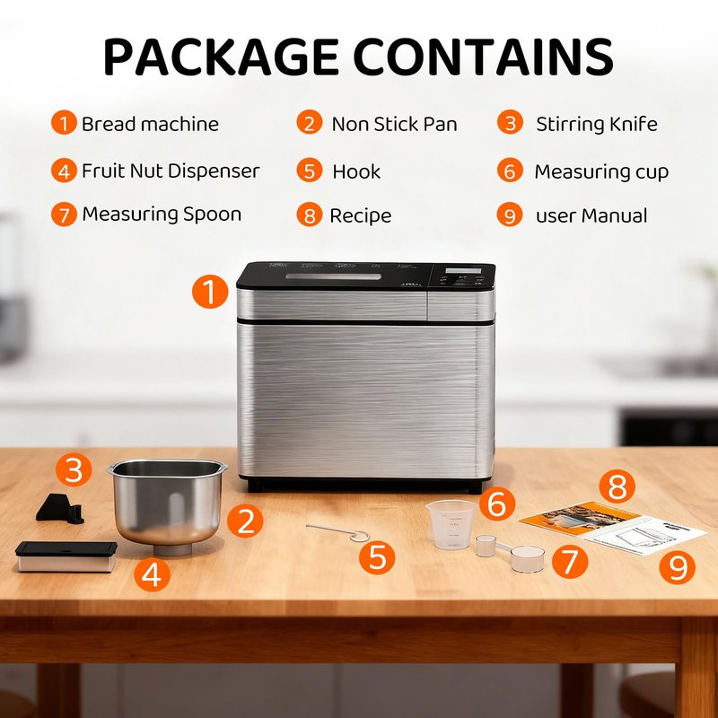 25-IN-1 Automatic Bread Machine | 2lb Size with Visible Lid, Auto Nut Dispenser, One-Touch Display, 13-Hour Delay Timer & Recipes – Easy to Use, High Success for Homemade Bread. Dark Gray