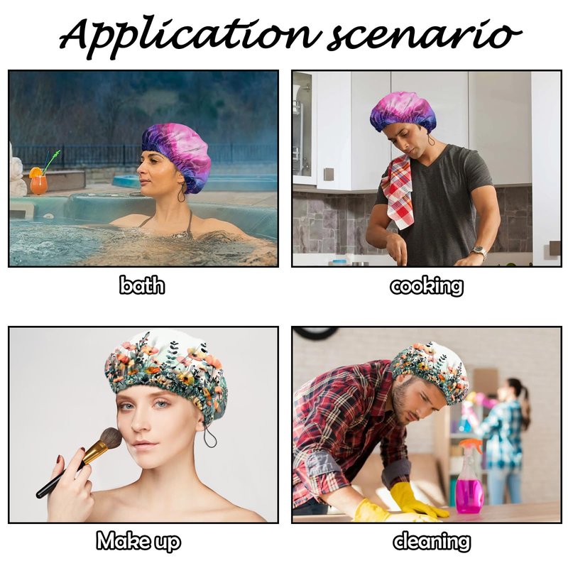 Deokke 2 PCS Shower Cap Reusable Waterproof Adjustable Double Layer Elastic Dry Hair Bathing Caps Aesthetic Cute for Women Girls-Heart Flower