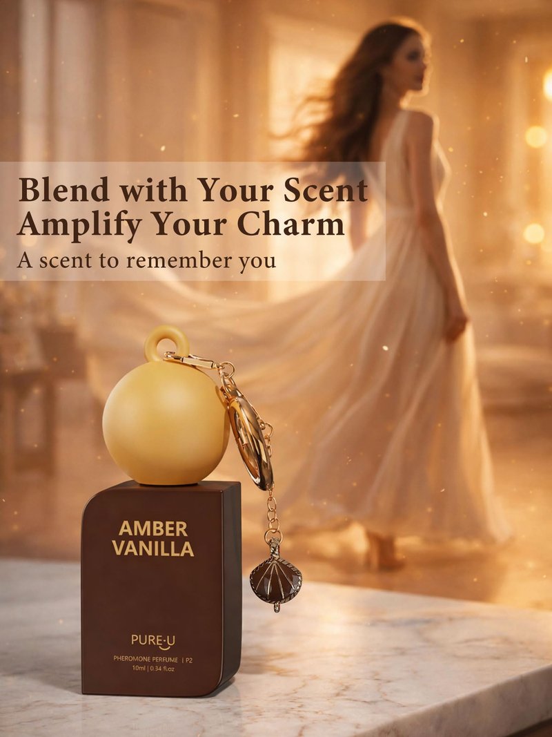 PUREU Amber Vanilla Pheromone Perfume Oil for Women, Long Lasting Extrait de Parfum Roll On with Clip-on Keychain, Alcohol Free Portable Travel Size Fragrance for Date Night & On-the-Go, 0.34 Fl OZ