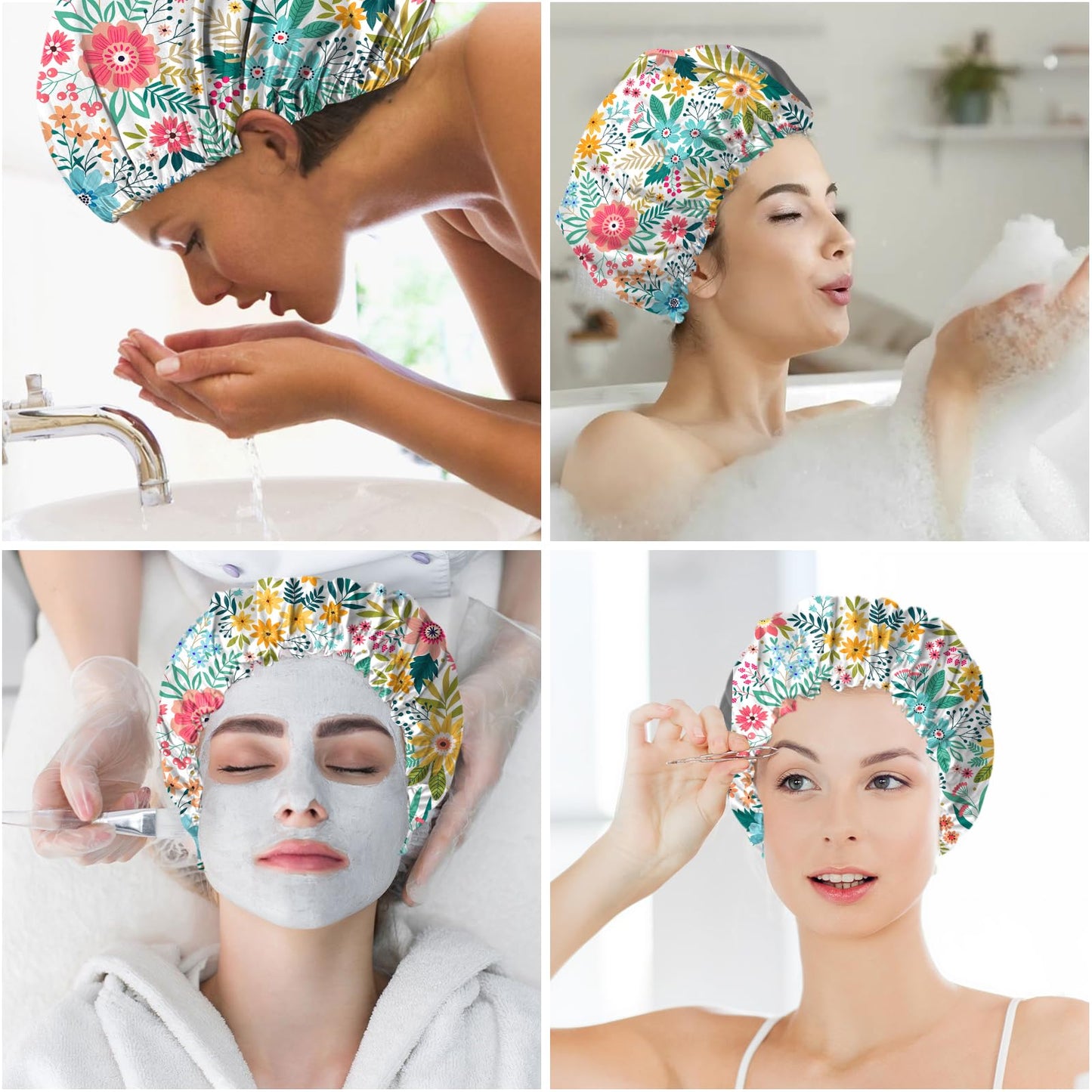 BHAHB 2 PCS Shower Cap Reusable Waterproof Double Layer Elastic Adjustable Hair Bath Caps Cute Aesthetic for Women Girls-Flowers