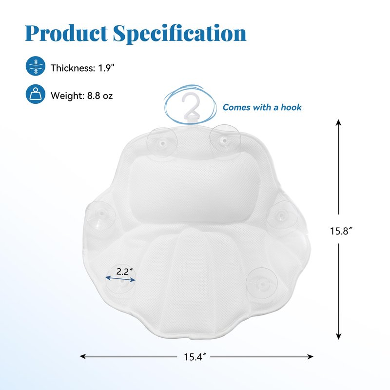 FerdY Bath Pillow for Bathtub,Thick Tub Pillows, Ergonomic Head Neck and Back Support, 6 Strong Suction Cups, Breathable 4D Air Mesh,White