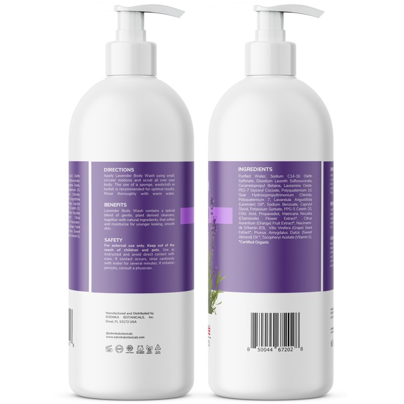 Edenika Lavender Body Wash with Vitamin E, Cleanses, Relaxes & Moisturizes, Stress Relief Shower Gel for Dry and Sensitive Skin, Women & Men, Organic & Natural, 16 fl oz, 2-Pack