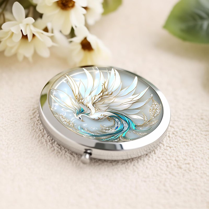 Double-Sided Compact Mirror - 2.8x2.8 Inch Folding Makeup Mirror with Elegant White Phoenix Design | Perfect Gift for Women