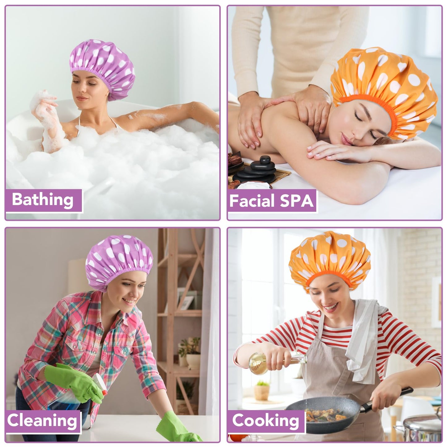 WSICSE 2 Packs Large Shower Caps for Women, Reusable Waterproof Shower Cap Bath Caps with Hair Scrunchies for Long Thick Hair (Purple/Orange)