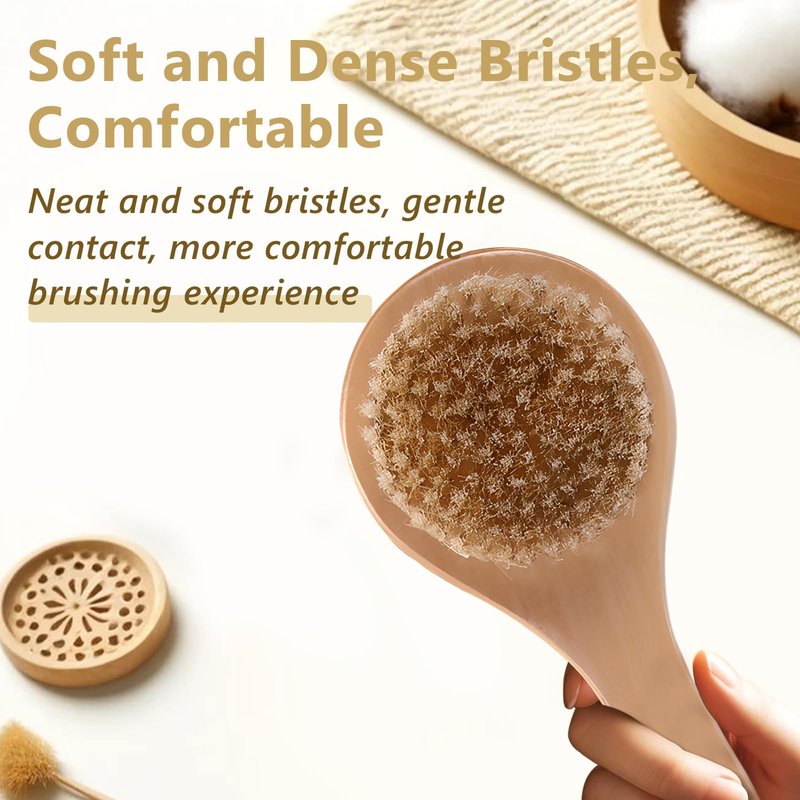 Jaasuee Dry Bath Body Brush with Short Handle, Natural Bristles Back Scrubber, Anti-Slip Wooden Handle for Exfoliation, Blood Circulation, and Cellulite Reduction, Brown