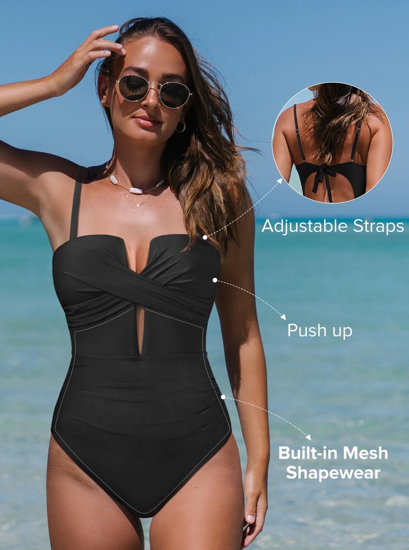 popvil Women’s One Piece Swimsuit Tummy Control V Neck Cutout Bathing Suit Slimming Shapewear Monokini