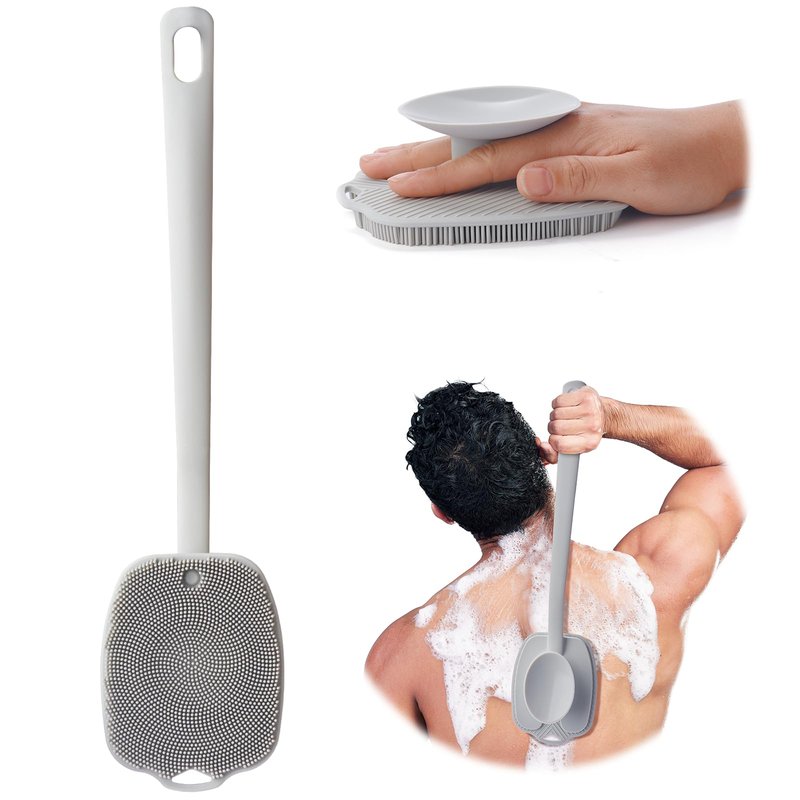 ARIOSOX Silicone Back Scrubber for Shower, Detachable Long Handle Body Scrub Brush, Shower Brush for Shower Exfoliating and Message, Dual Purpose Overall Cleaning - Grey